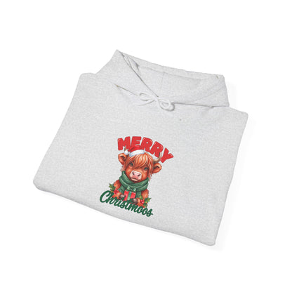 Merry Christmoos Hoodie, Highland Cow Christmas Hooded Sweatshirt