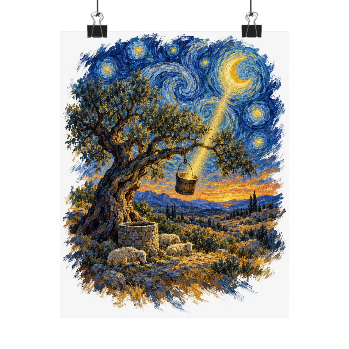 The Tree and the Empty Bucket Art Print Poster, Symbolic Oil Painting Wall Art, By Xudeyda