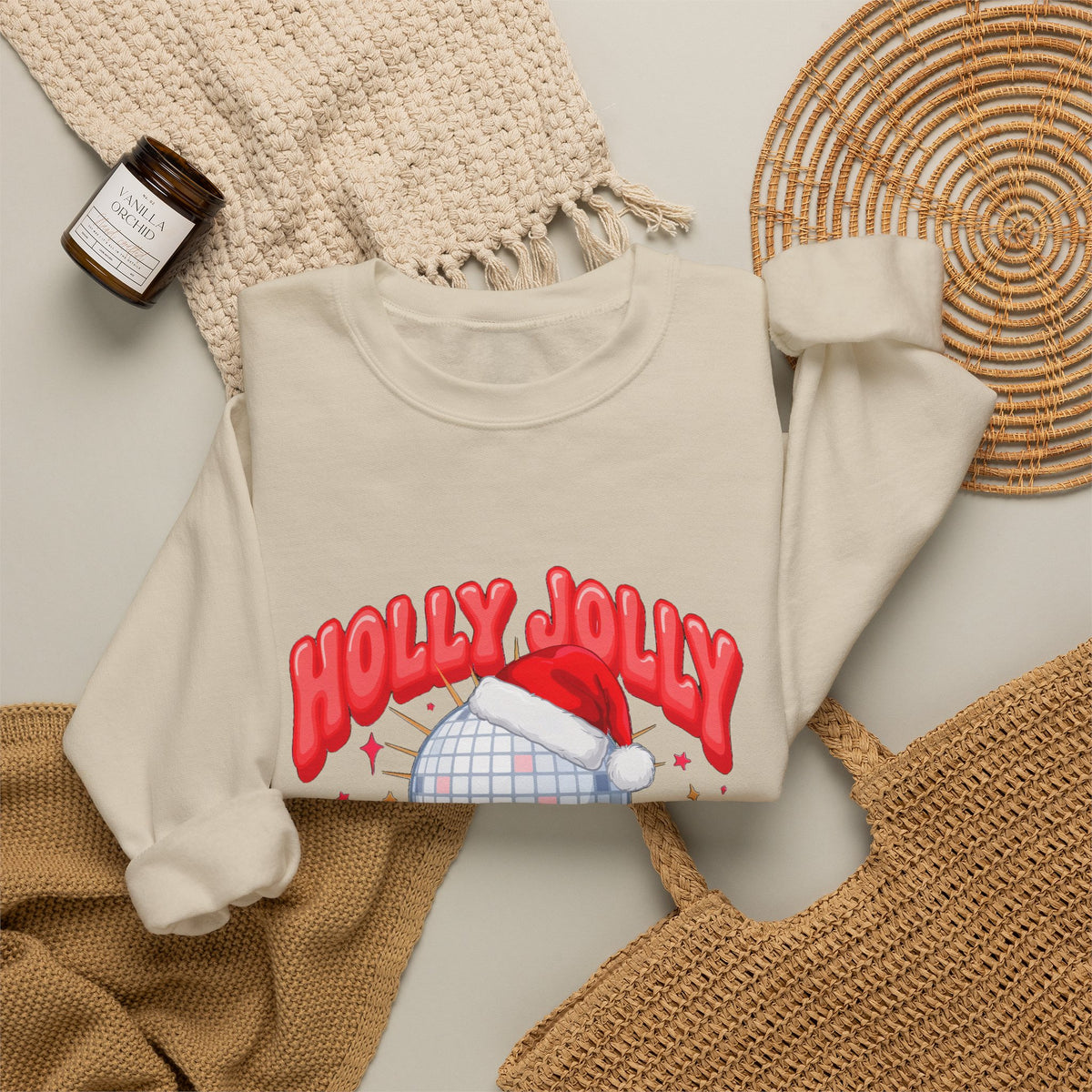 Holly Jolly Vibes Sweatshirt, Retro Disco Christmas Crewneck, Pink Holiday Sweater