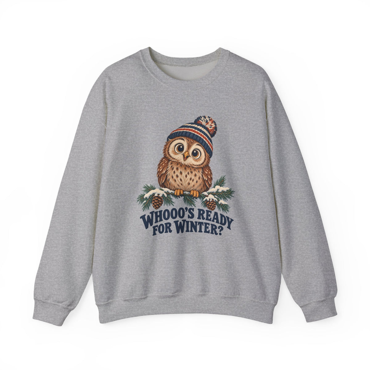 Whooo's Ready for Winter Owl in a Beanie Sweatshirt, Winter Owl Crewneck Sweatshirt