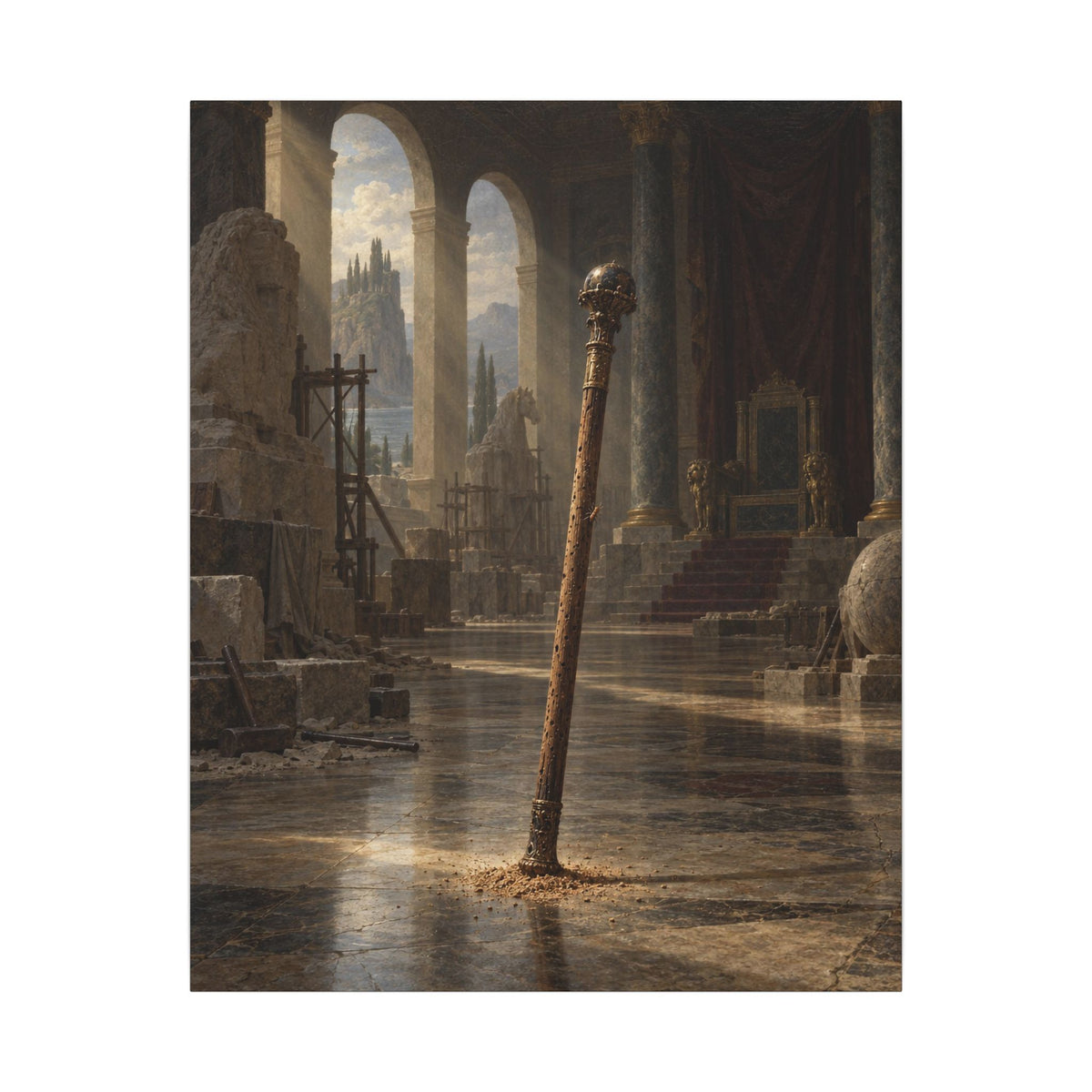 The Staff in the Empty Throne Room Canvas Wall Art, Symbolic Oil Painting Print, By Xudeyda