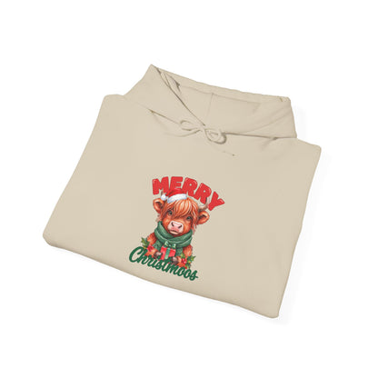 Merry Christmoos Hoodie, Highland Cow Christmas Hooded Sweatshirt