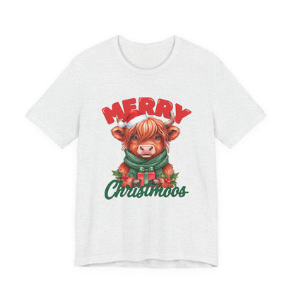 Merry Christmoos Shirt, Highland Cow Christmas T-Shirt, Cute Cow Holiday Tee