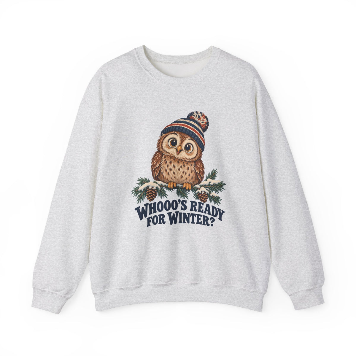 Whooo's Ready for Winter Owl in a Beanie Sweatshirt, Winter Owl Crewneck Sweatshirt