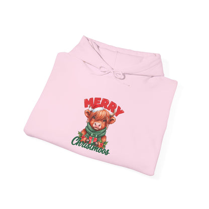 Merry Christmoos Hoodie, Highland Cow Christmas Hooded Sweatshirt