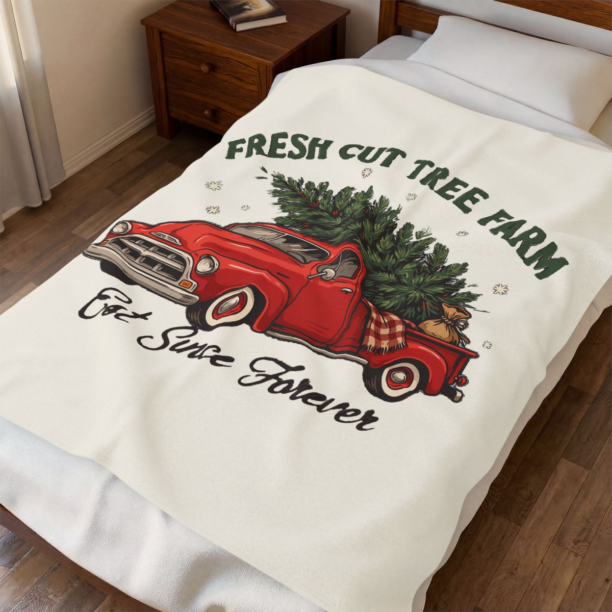 Fresh Cut Tree Farm Red Truck Christmas Blanket 50x60, Plush Holiday Throw
