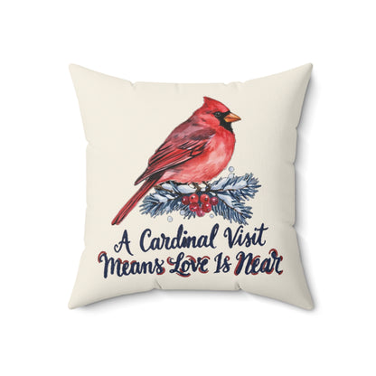 A Cardinal Visit Means Love Is Near Christmas Throw Pillow 18x18, Cozy Holiday Decor