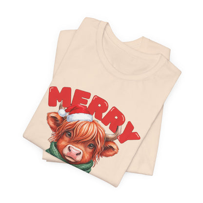 Merry Christmoos Shirt, Highland Cow Christmas T-Shirt, Cute Cow Holiday Tee