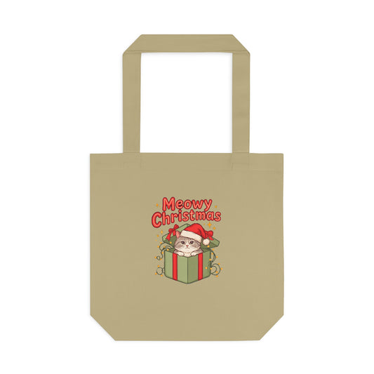 Meowy Christmas Tote Bag, Cat Lover Christmas Canvas Tote, Cat Mom Gift