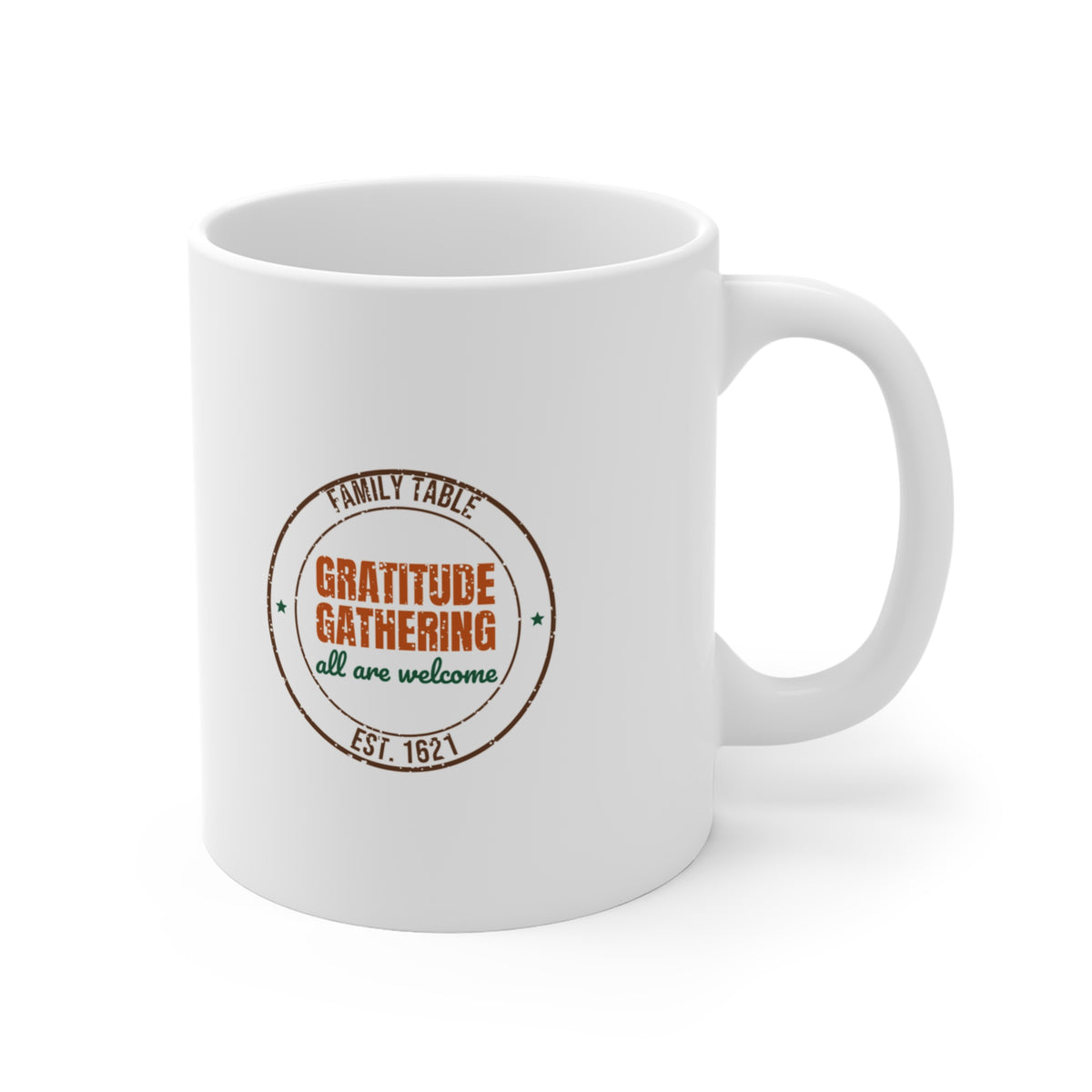 Family Table Gratitude Gathering Est. 1621 Mug, Vintage Thanksgiving Coffee Mug 11oz lifestyle