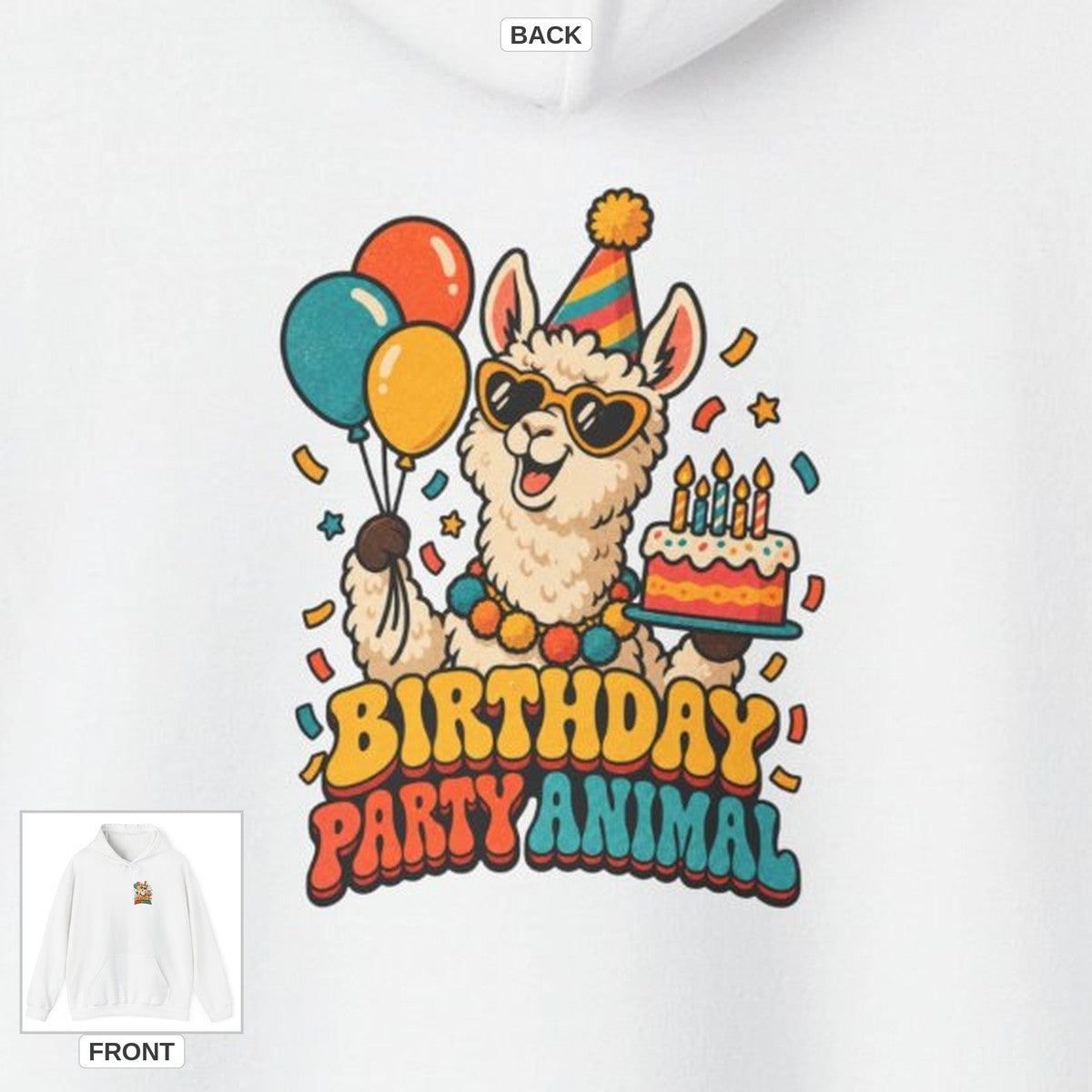 Birthday Party Animal Llama Hoodie, Front and Back Birthday Hoodie back design lifestyle