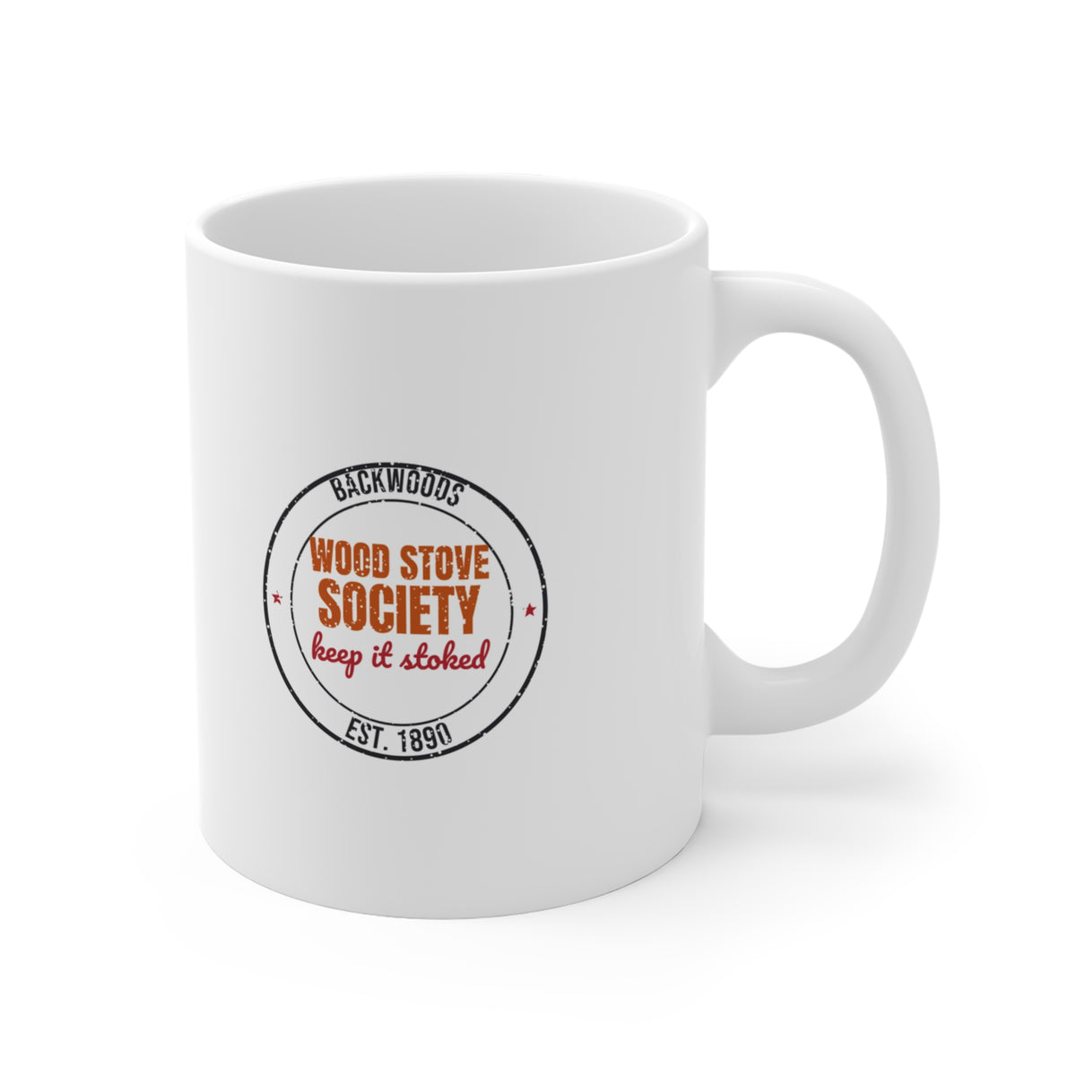 Backwoods Wood Stove Society Est. 1890 Mug, Vintage Winter Coffee Mug 11oz lifestyle