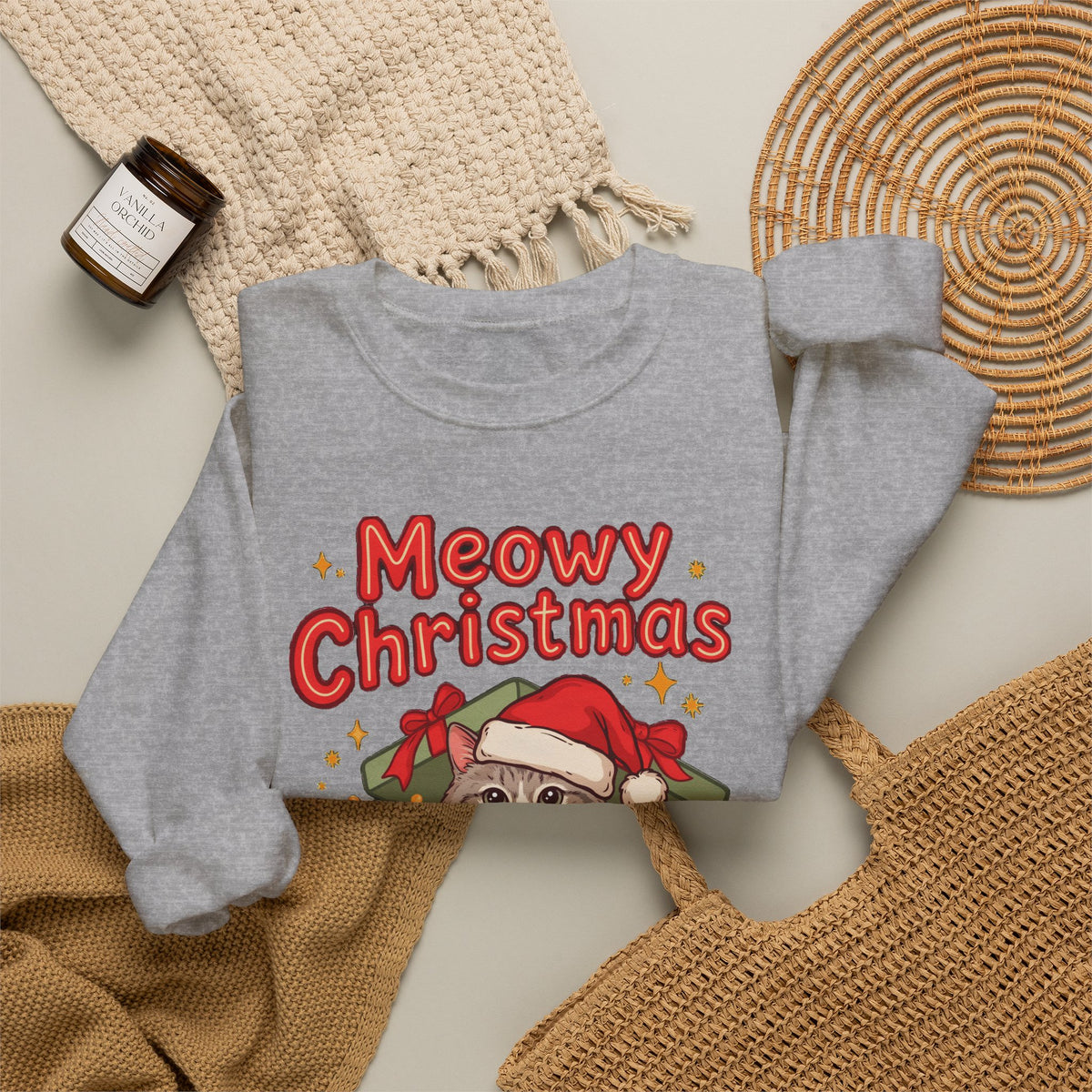 Meowy Christmas Sweatshirt, Cute Cat Christmas Crewneck, Cozy Cat Lover Sweater