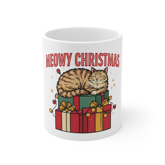 Meowy Christmas Cat on Presents Mug