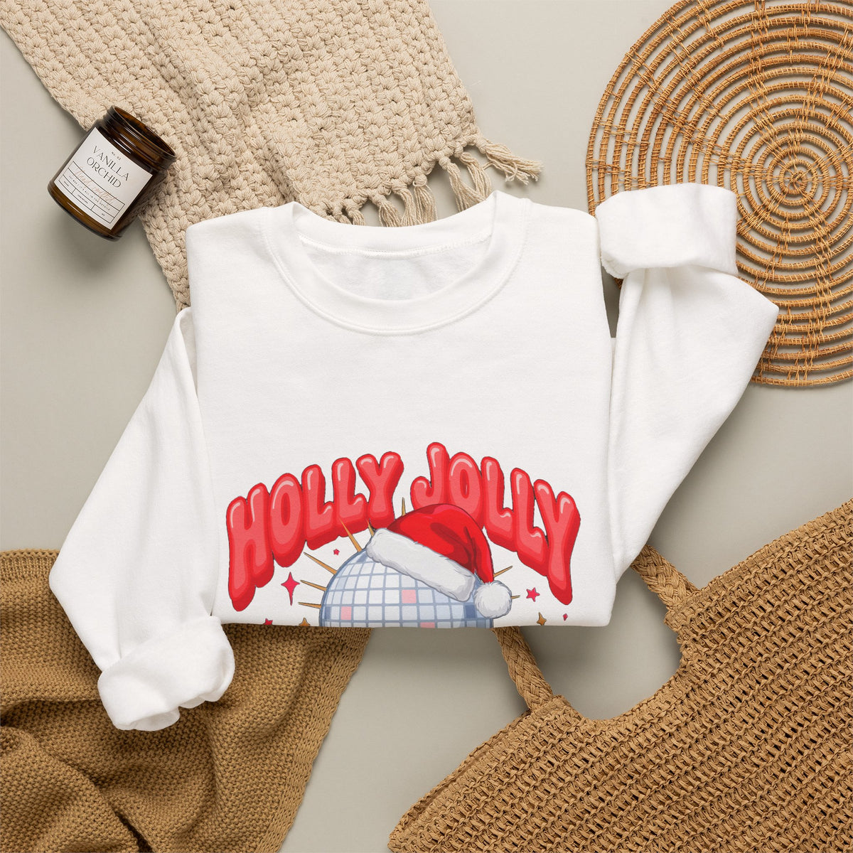 Holly Jolly Vibes Sweatshirt, Retro Disco Christmas Crewneck, Pink Holiday Sweater