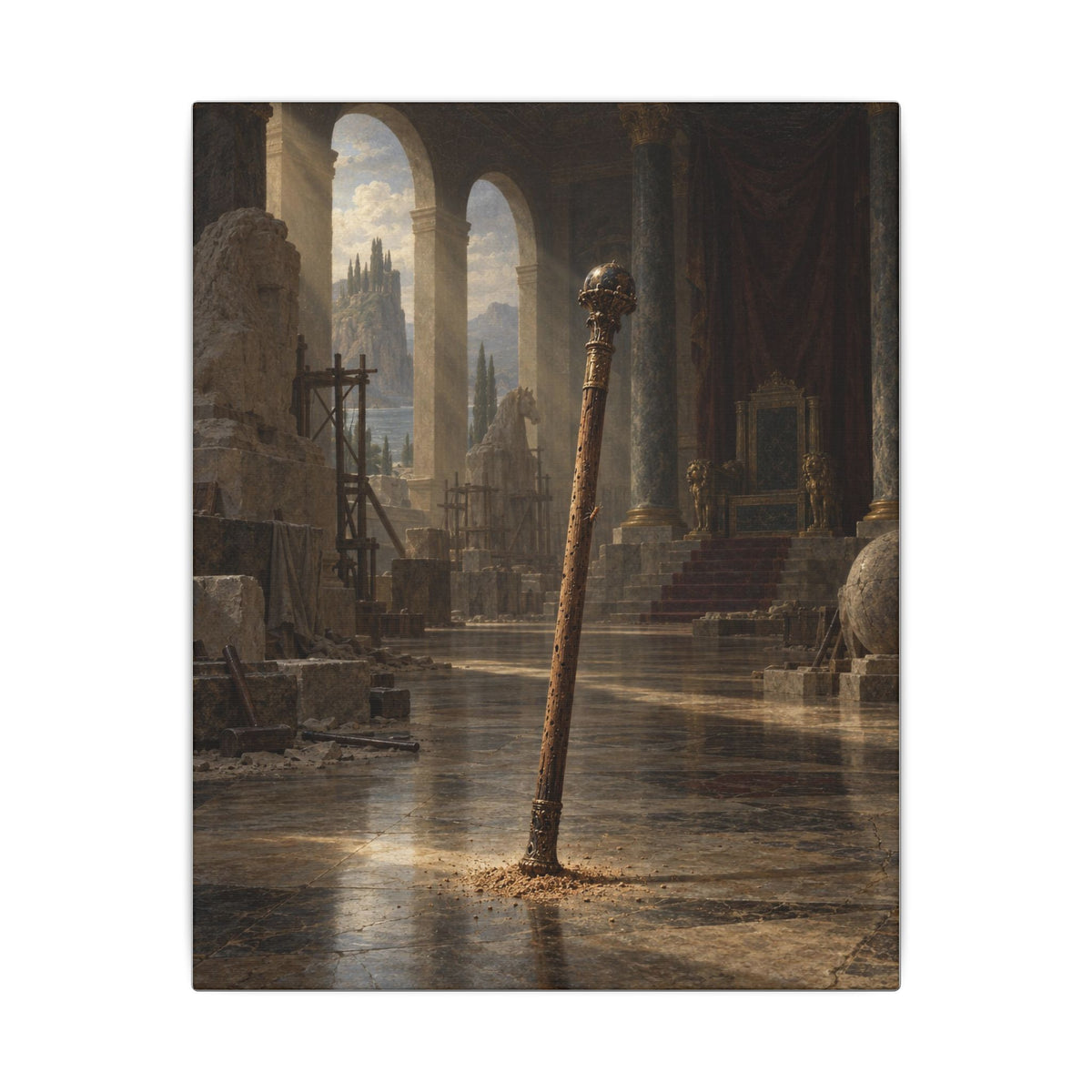 The Staff in the Empty Throne Room Canvas Wall Art, Symbolic Oil Painting Print, By Xudeyda