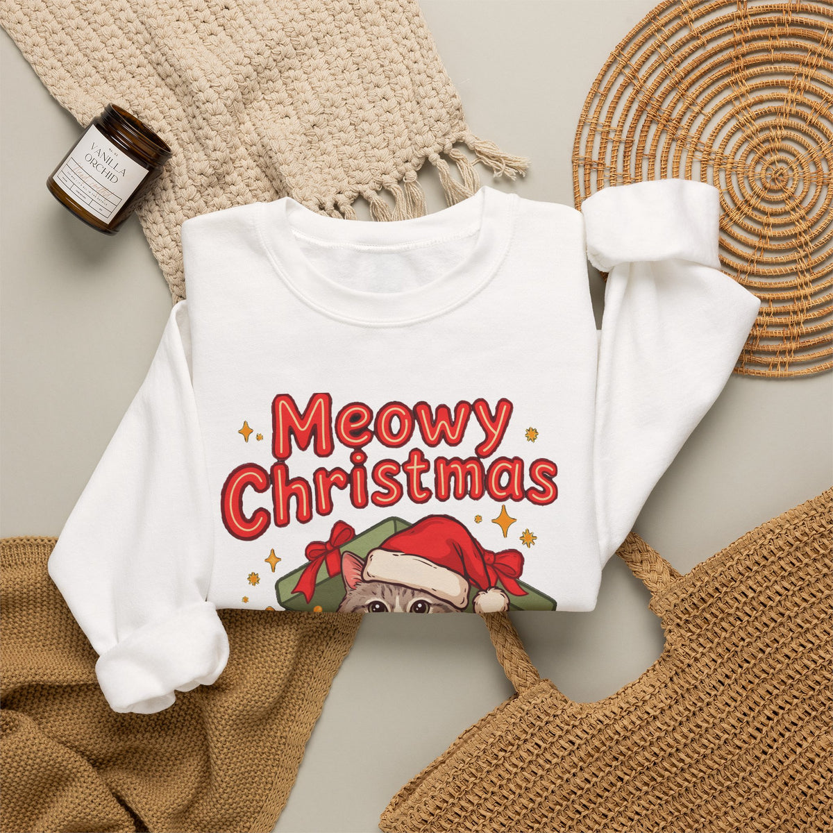Meowy Christmas Sweatshirt, Cute Cat Christmas Crewneck, Cozy Cat Lover Sweater