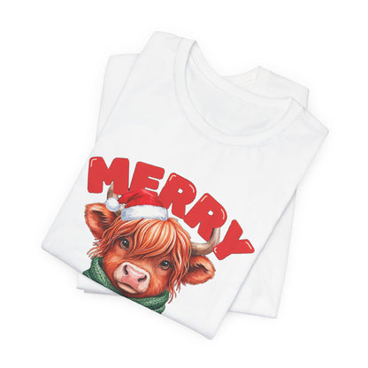 Merry Christmoos Shirt, Highland Cow Christmas T-Shirt, Cute Cow Holiday Tee