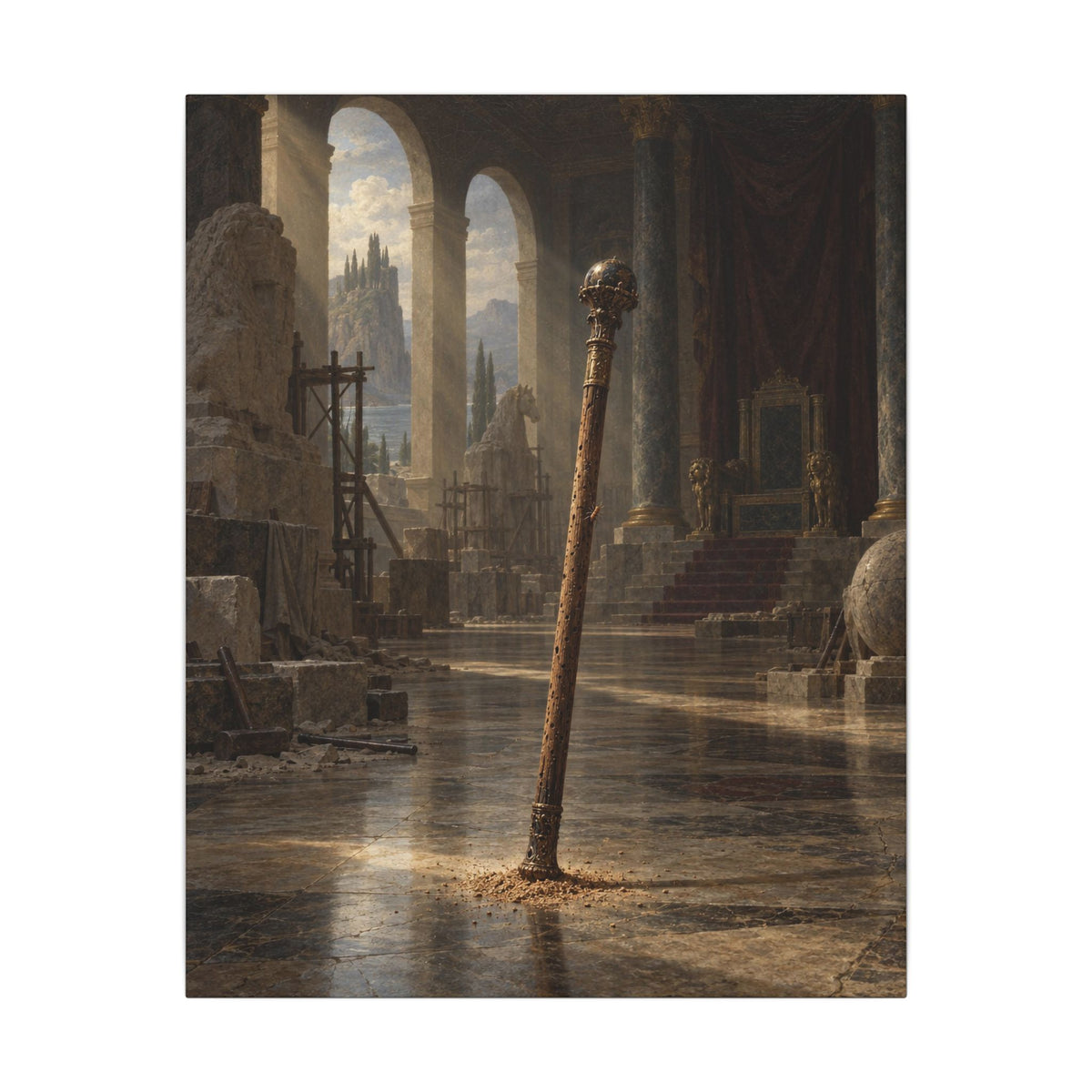 The Staff in the Empty Throne Room Canvas Wall Art, Symbolic Oil Painting Print, By Xudeyda
