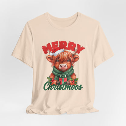 Merry Christmoos Shirt, Highland Cow Christmas T-Shirt, Cute Cow Holiday Tee