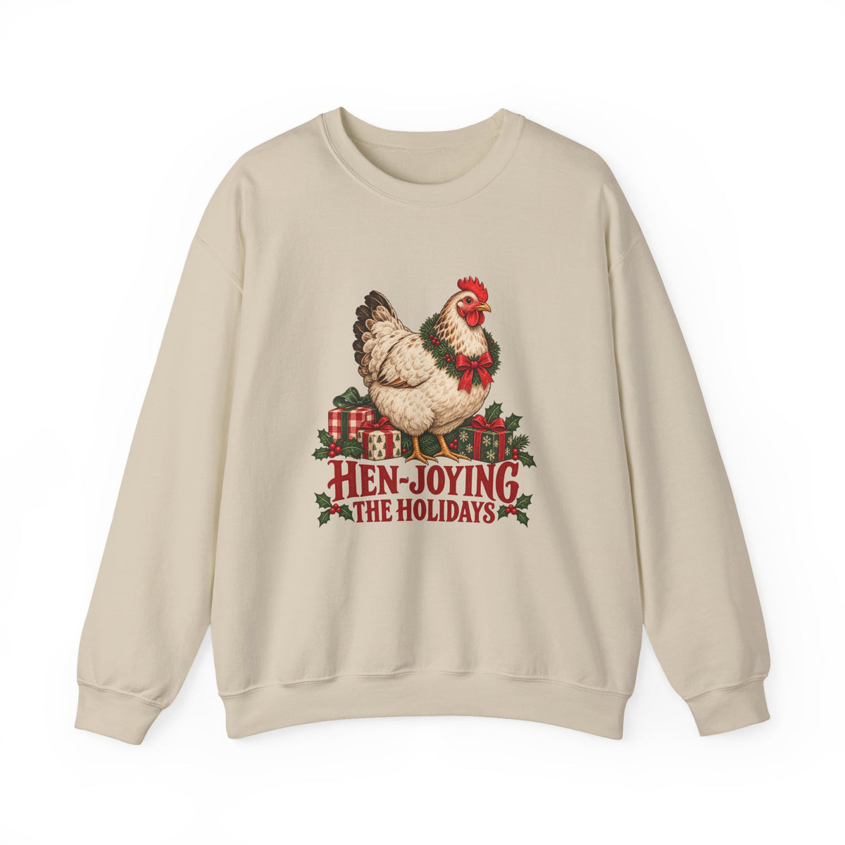 Hen-joying the Holidays Farmhouse Chicken Sweatshirt, Chicken Christmas Crewneck Sweatshirt