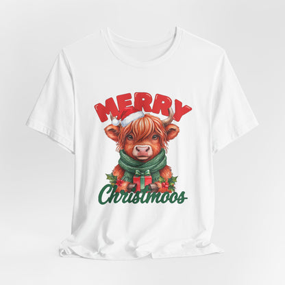 Merry Christmoos Shirt, Highland Cow Christmas T-Shirt, Cute Cow Holiday Tee