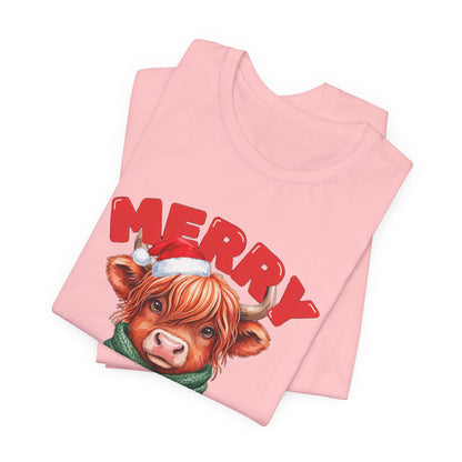 Merry Christmoos Shirt, Highland Cow Christmas T-Shirt, Cute Cow Holiday Tee