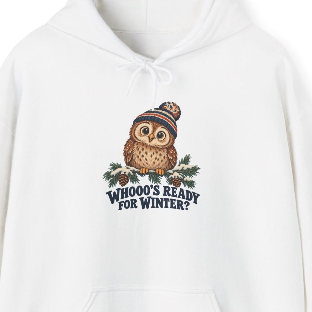 Whooo's Ready for Winter Owl in a Beanie Hoodie, Winter Owl Hoodie lifestyle