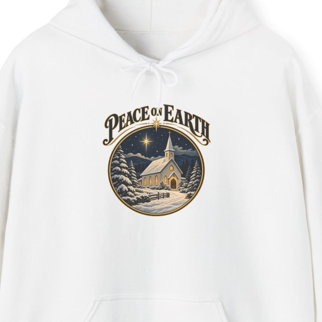 Peace on Earth Snowy Country Church Hoodie, Peace on Earth Christmas Hoodie lifestyle