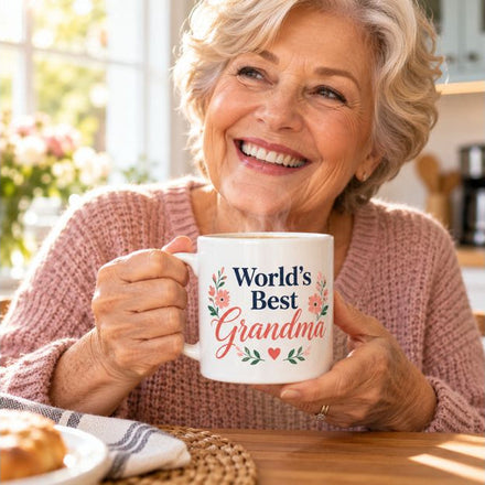 Grandma enjoying her World's Best Grandma mug in the morning