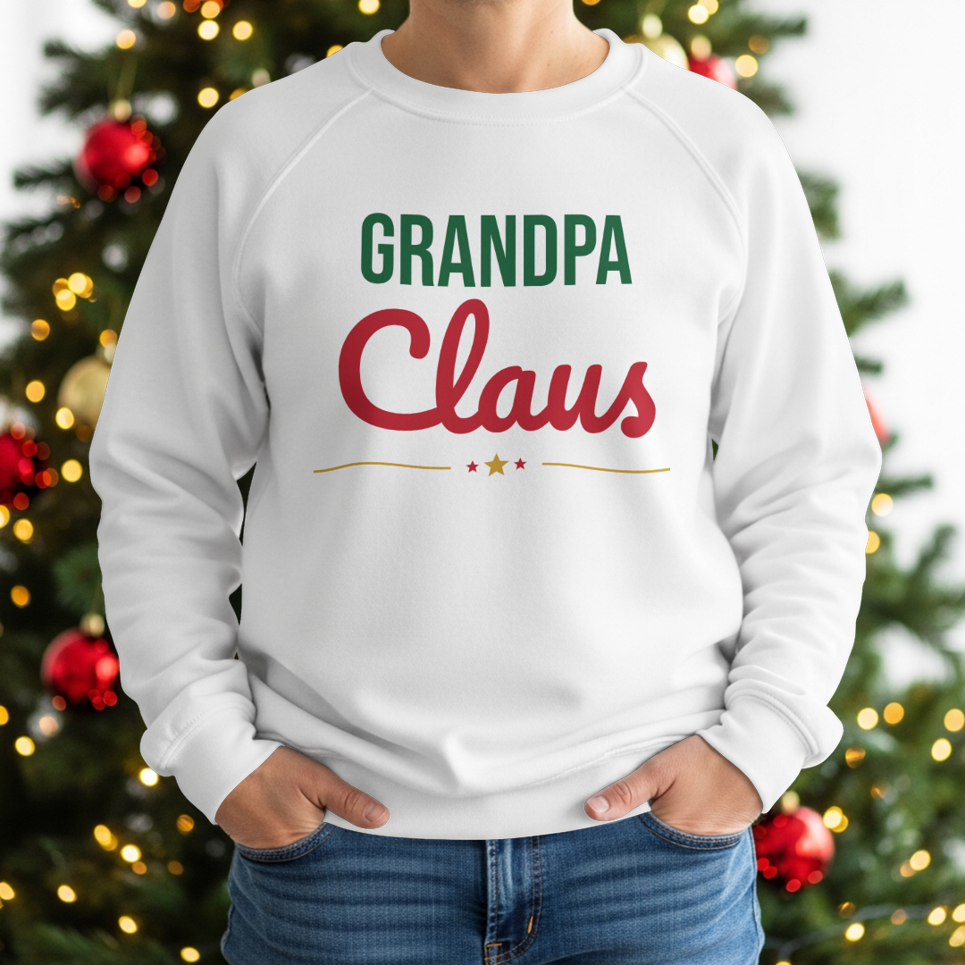 Grandpa Claus Sweatshirt worn by the Christmas tree