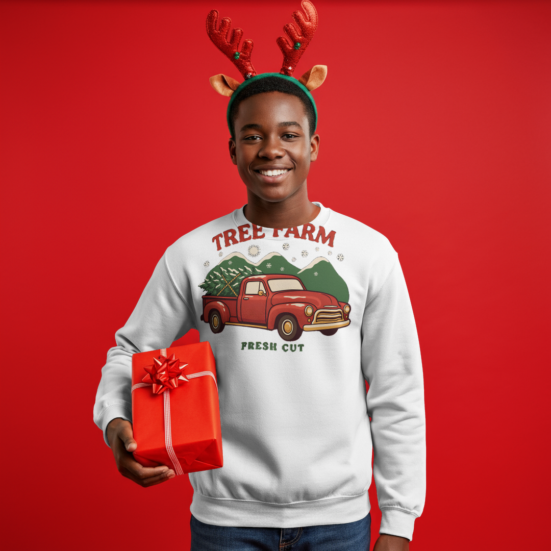 Christmas Tree Farm Sweatshirt worn with reindeer antlers and a gift