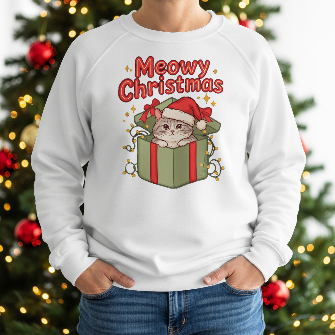 Meowy Christmas Sweatshirt worn by the Christmas tree