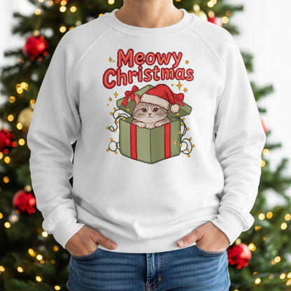 Meowy Christmas Sweatshirt worn by the Christmas tree