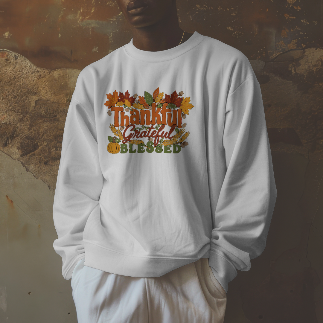 Thankful Grateful Blessed Sweatshirt worn in fall