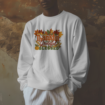 Thankful Grateful Blessed Sweatshirt worn in fall