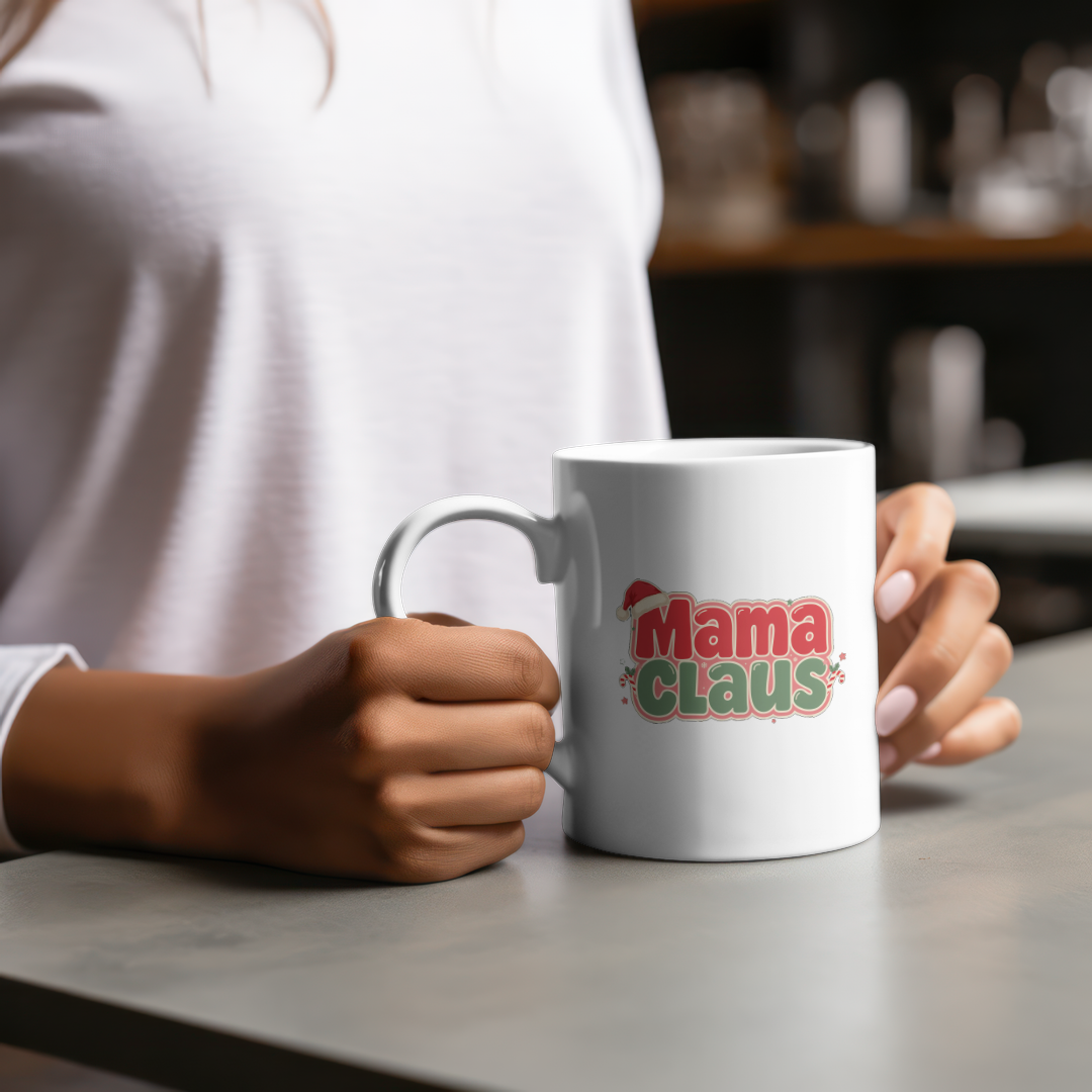 Mama Claus Mug in hand at a cafe