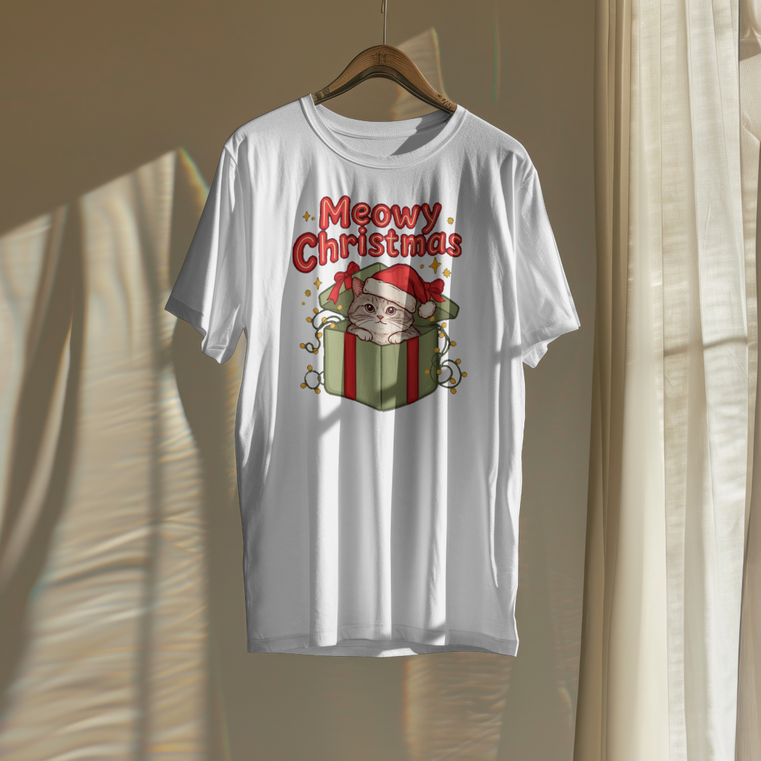 Meowy Christmas Shirt on a hanger