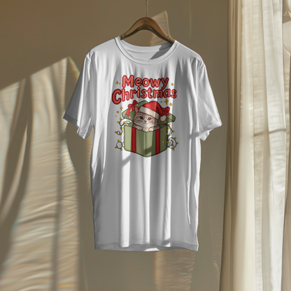 Meowy Christmas Shirt on a hanger