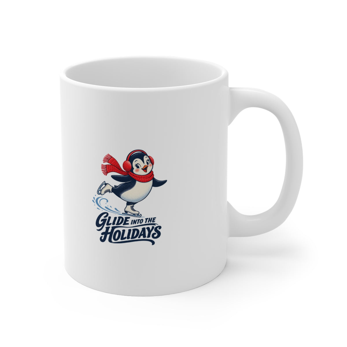 Glide Into the Holidays Ice Skating Penguin Mug, Skating Penguin Coffee Mug 11oz lifestyle